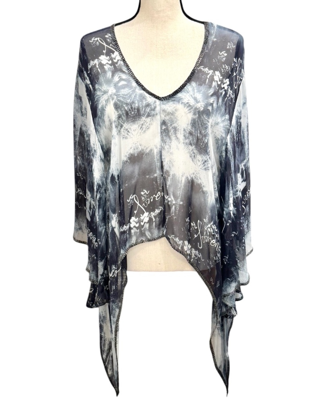 SASS & BIDE NAVY & WHITE "SURRENDER" TIE-DYE SILK W SILVER BEAD TRIM PONCHO TOP